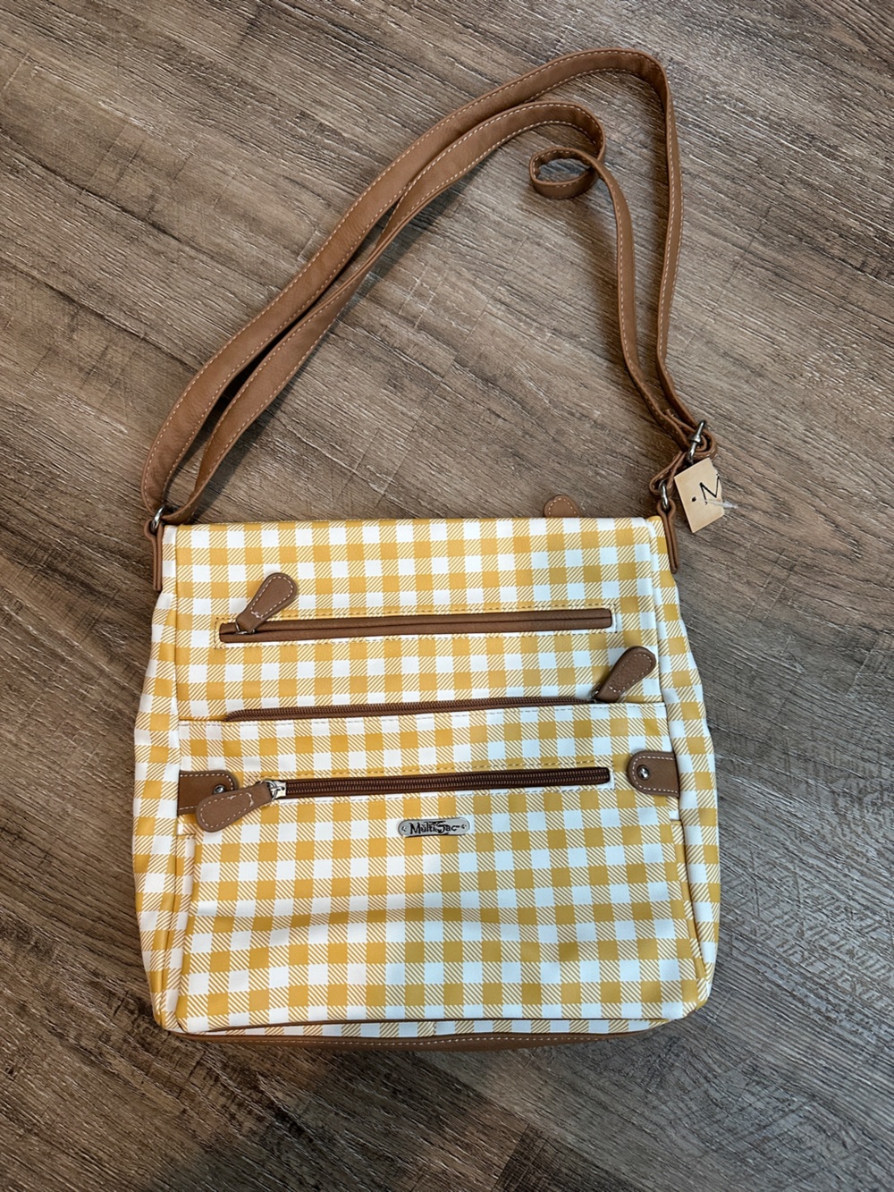 MultiSacYellow and White Gingham Crossbody Bag with Tan Trim